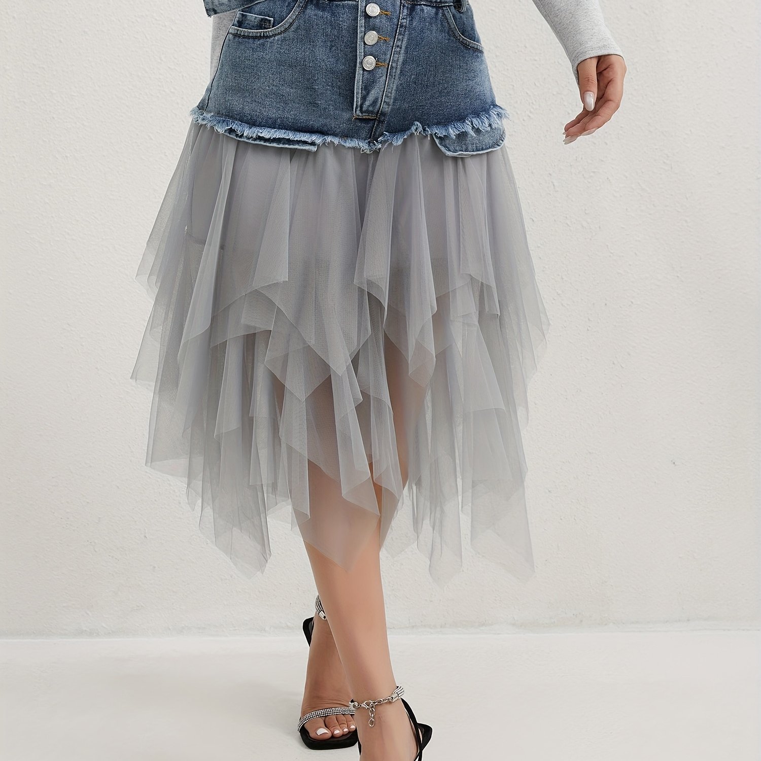 TEMU A Midi Skirt For Spring, Summer, And Autumn, Combining Denim And Tulle With A Trendy -edge Hem