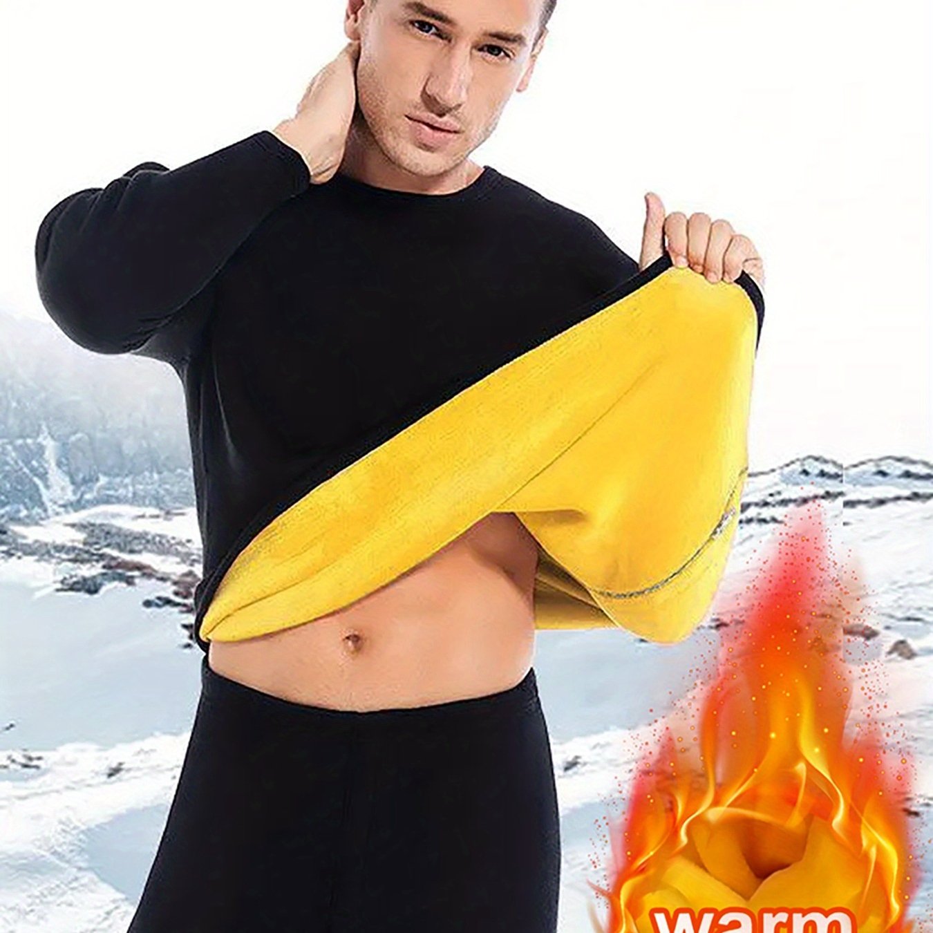TEMU Men's Winter Thermal Underwear Set - Ultra-thick Fleece, Golden Set With Added And Thickness For Indoor And , Long-sleeve Top And Pants For