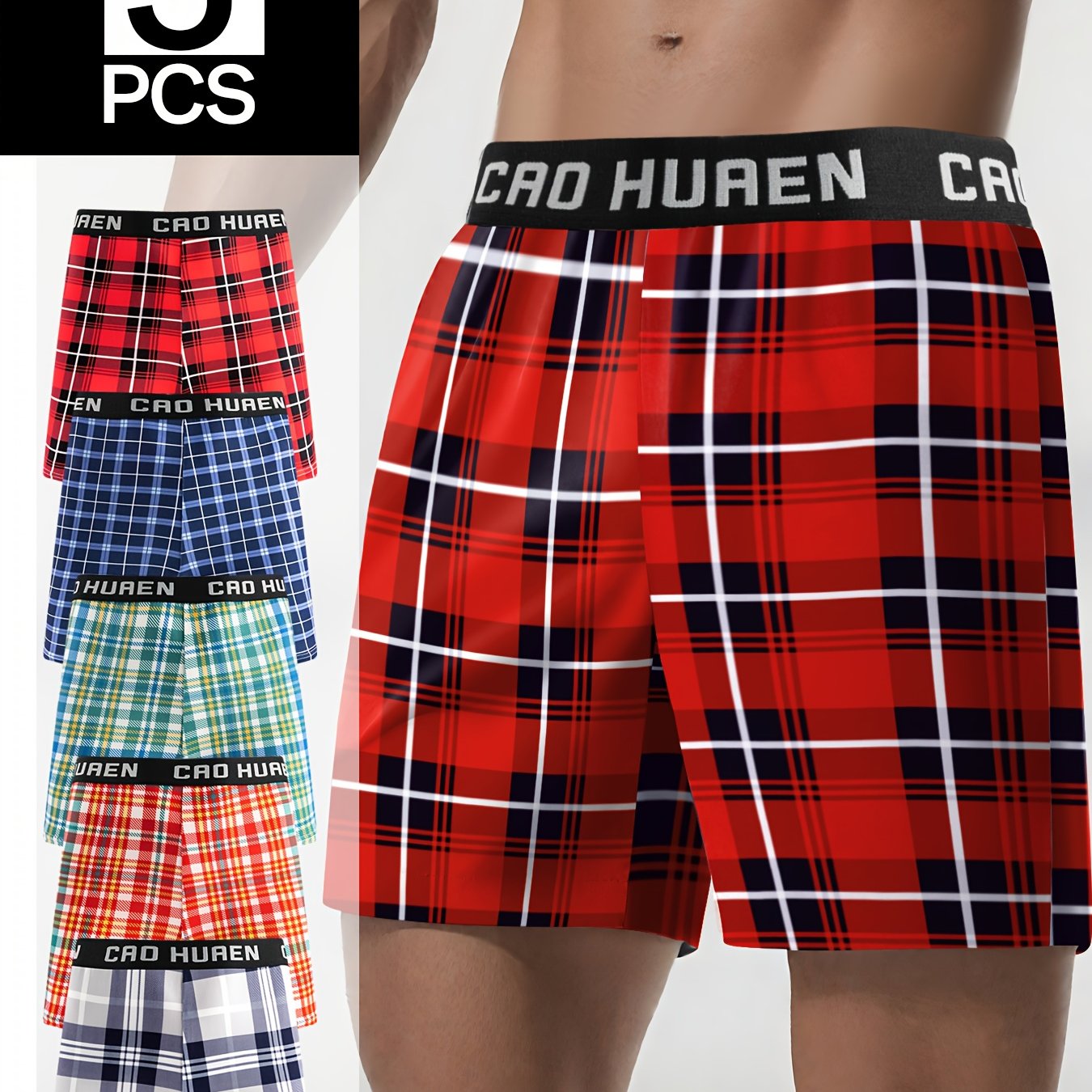E-shop 2025 Neuer Stil Casual Karo-Print 5er-Pack Herren Langboxershorts, Dünn Atmungsaktiv
