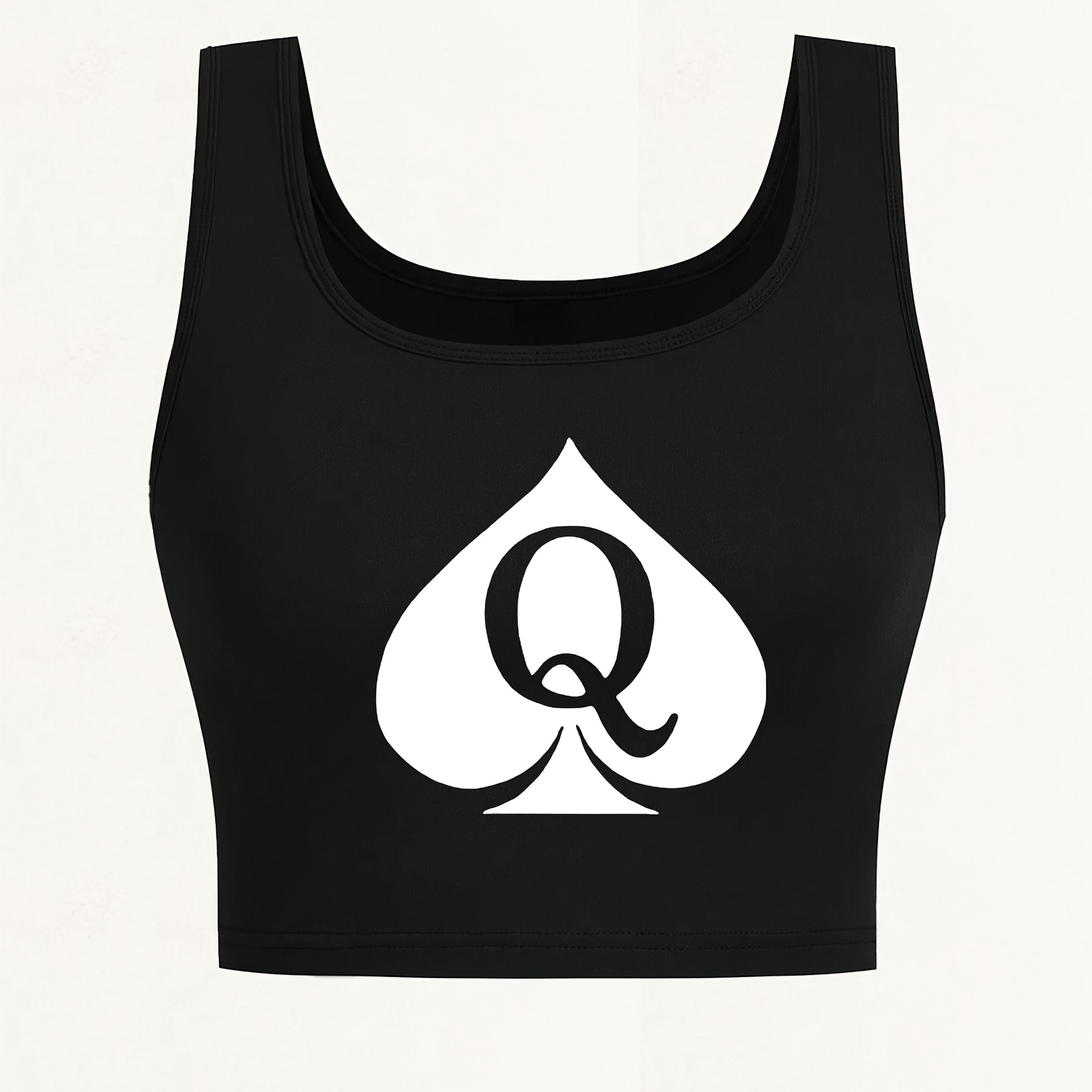 TEMU Women's Sexy Deep Scoop Neck Seamless Sleeveless Cropped Tank Top - Q Of Spades Geometric Print, Breathable Yoga & Casual Wear, Machine Washable