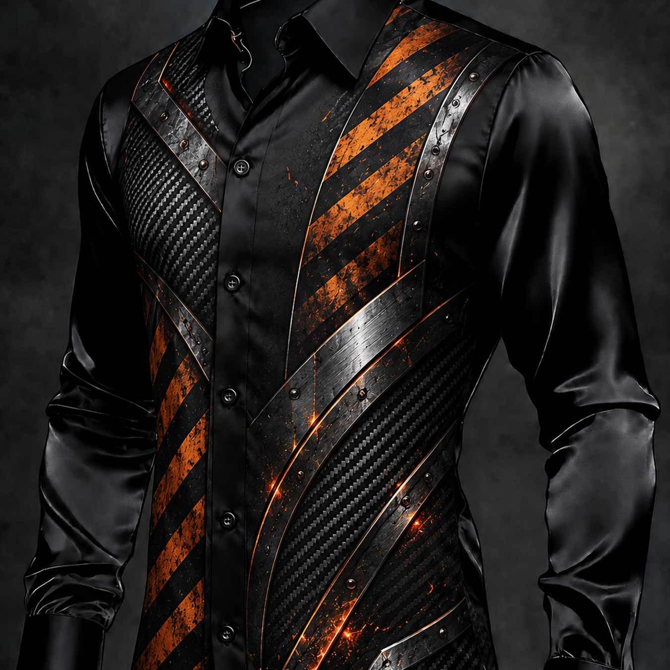 Men's Collared Short Sleeve Shirt Industrial Print Edgy Cyber Style Street Wear Casual Outfit Graphic Apparel For Stylish Men