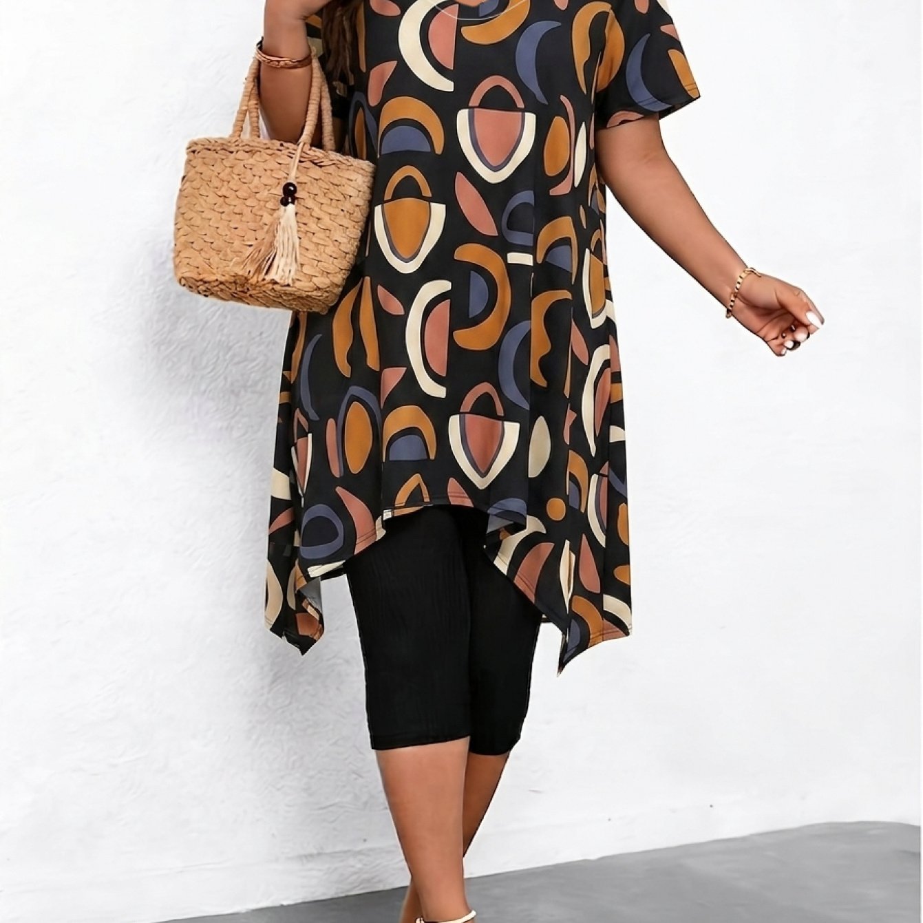 TEMU Plus Size, Women's Black V-neck Short Sleeve T-shirt - Full-body Contrast Geometric Print Long Length Top, Casual Suitable For Spring Summer