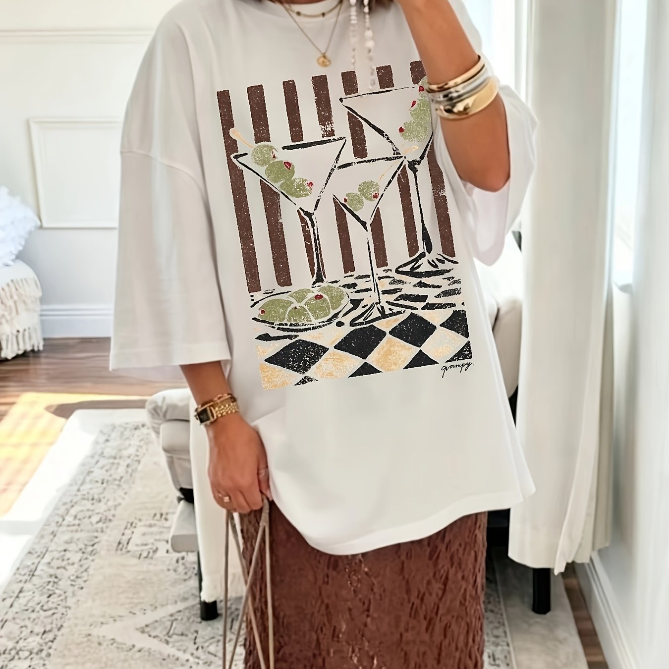 TEMU Plus Size - Graphic Print Drop Shoulder T-shirt, Short Sleeve Crew Neck Casual Top For , Women's Clothing