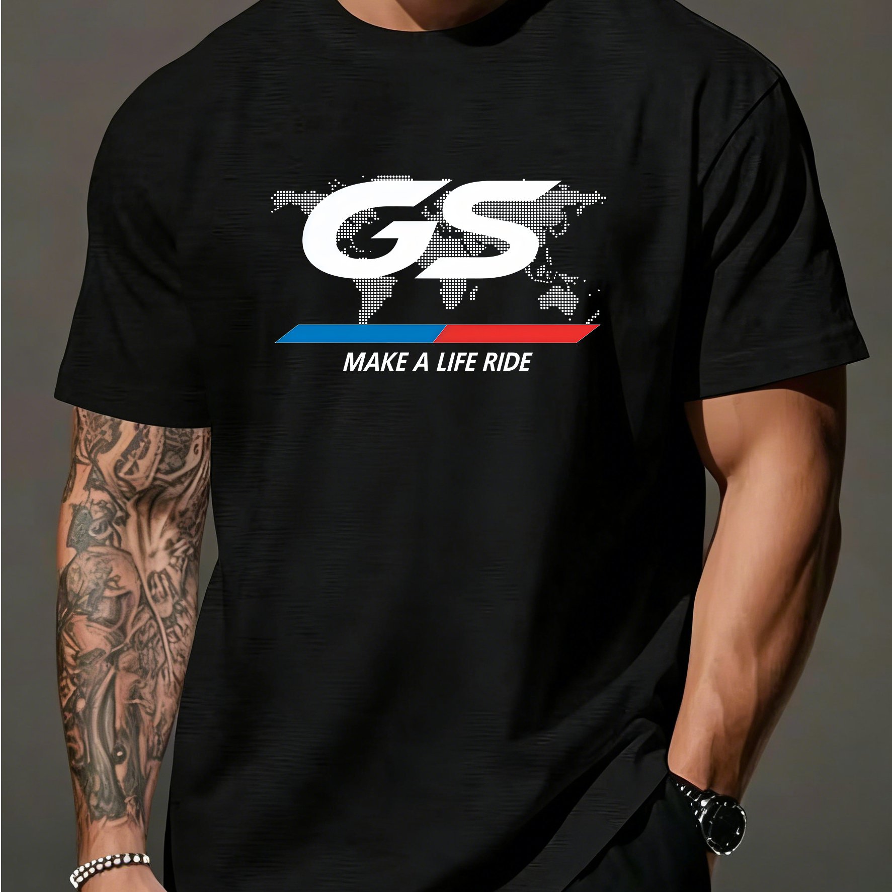 TEMU Adults Summer T-shirt "gs" World Map Print Men's Summer T-shirt Designed For Adults Who Love Motorcycles And Adventure, "gs" Letters With World