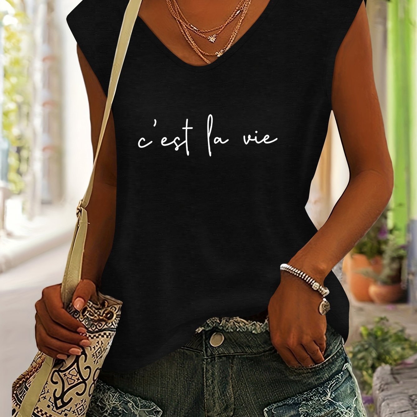 TEMU T-Shirt mit Buchstabenprint im europäischen und amerikanischen Stil für Damen, lässig, vielseitig, für den , Urlaub, V-Ausschnitt,