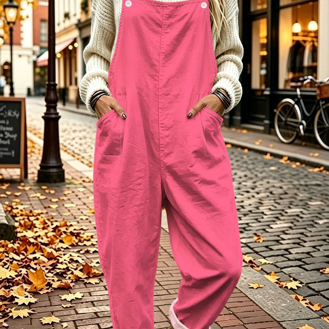 TEMU Fruit Pink Overalls For Women, New Autumn Style, Loose Fit,, Cargo Jumpsuit,, Pockets, Rolled Hem, Straight Leg, Casual Long Pants