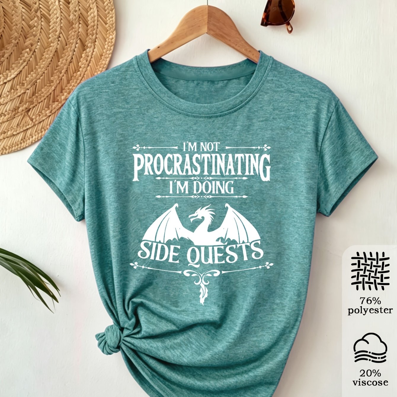 TEMU Women's Retro Graphic T-shirt - " Procrastinating I'm Doing Side Quests" Dragon Design, Soft Stretchy Fabric, Round Neck Short Sleeve Tee For
