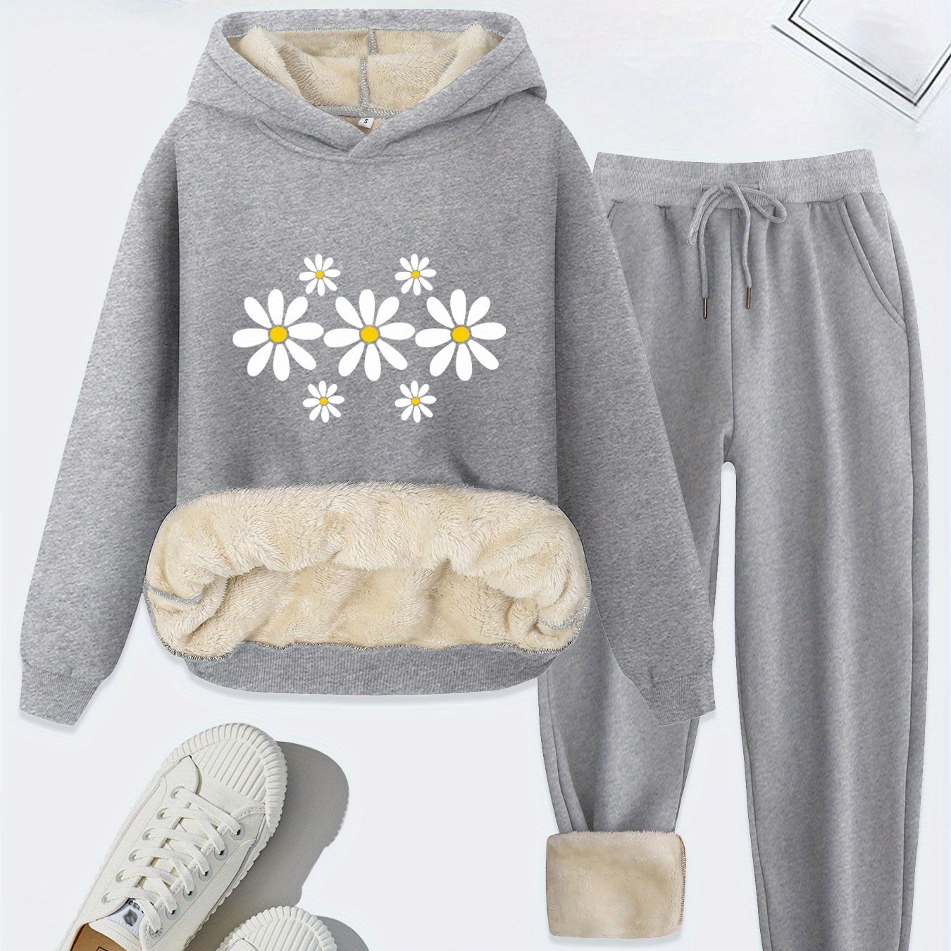 TEMU 2026 Daily Comfortable Autumn And Winter Casual Women's Wear Featuring A Easy Daisy Flower Print, Thickened Fleece-lined Hoodie With Drawstring,