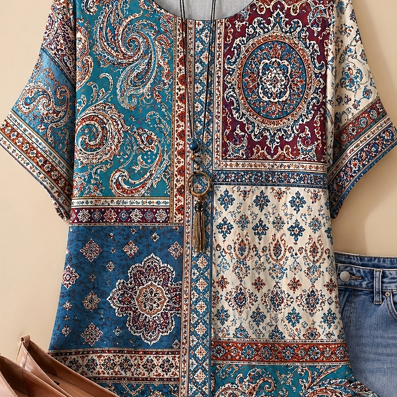 TEMU Plus Size - Plus Size - Plus Size Women's T-shirt Paisley Floral Mandala Geometric Print Pattern High Elasticity And Paisley Floral Mandala