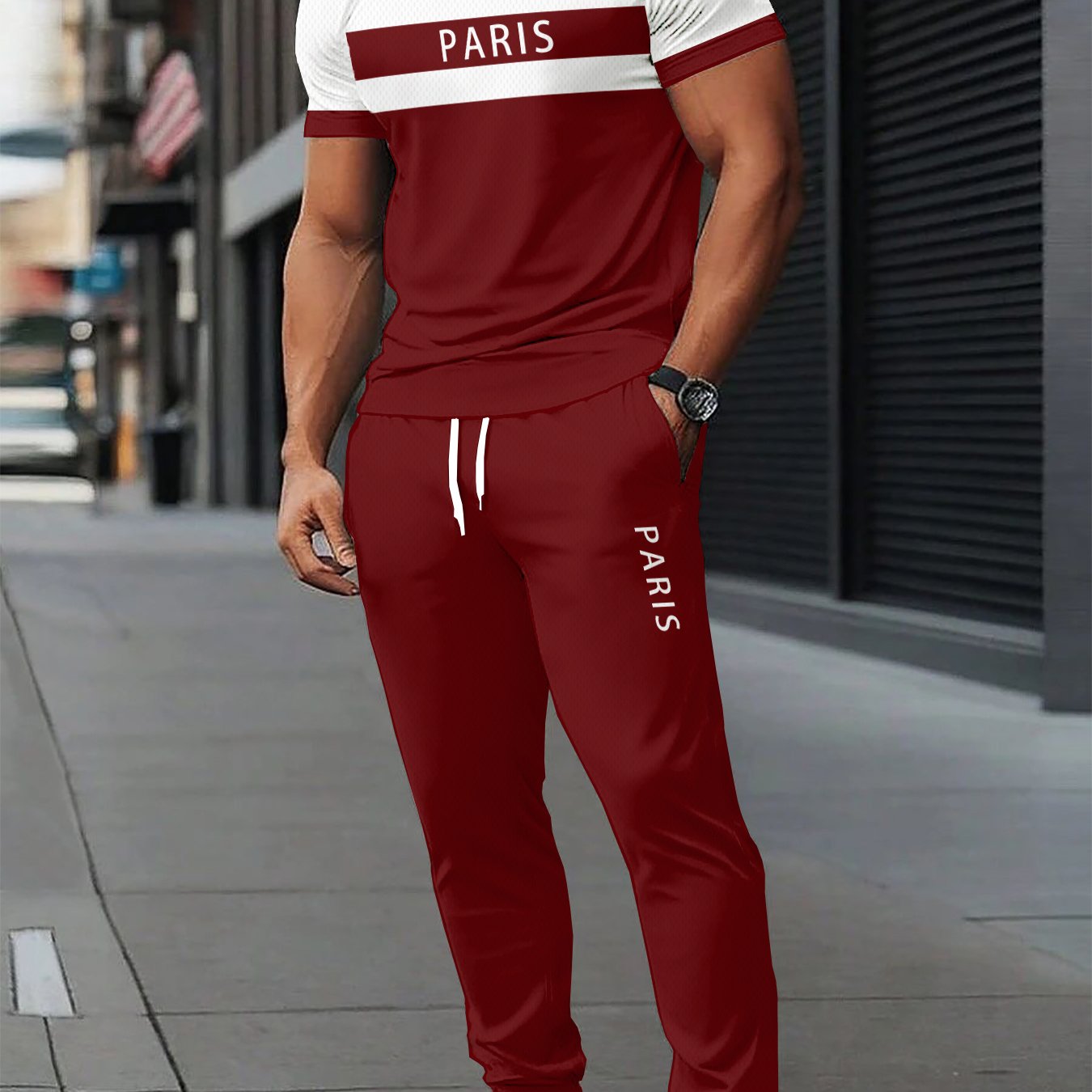 TEMU Men's Athletic Suit | Elegant Casual Crew Neck | Stretch Knit With 3d Print | Regular Fit 2pcs Set | Patterned Short Sleeve T-shirt And Long