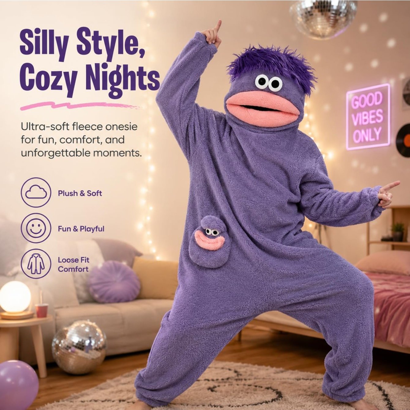 TEMU Adult Monster Onesie Pajamas, Green Plush Hooded 1pc Silly Halloween Costume, Comfortable Cosplay Casual Wear, Suitable For Men, Women, And