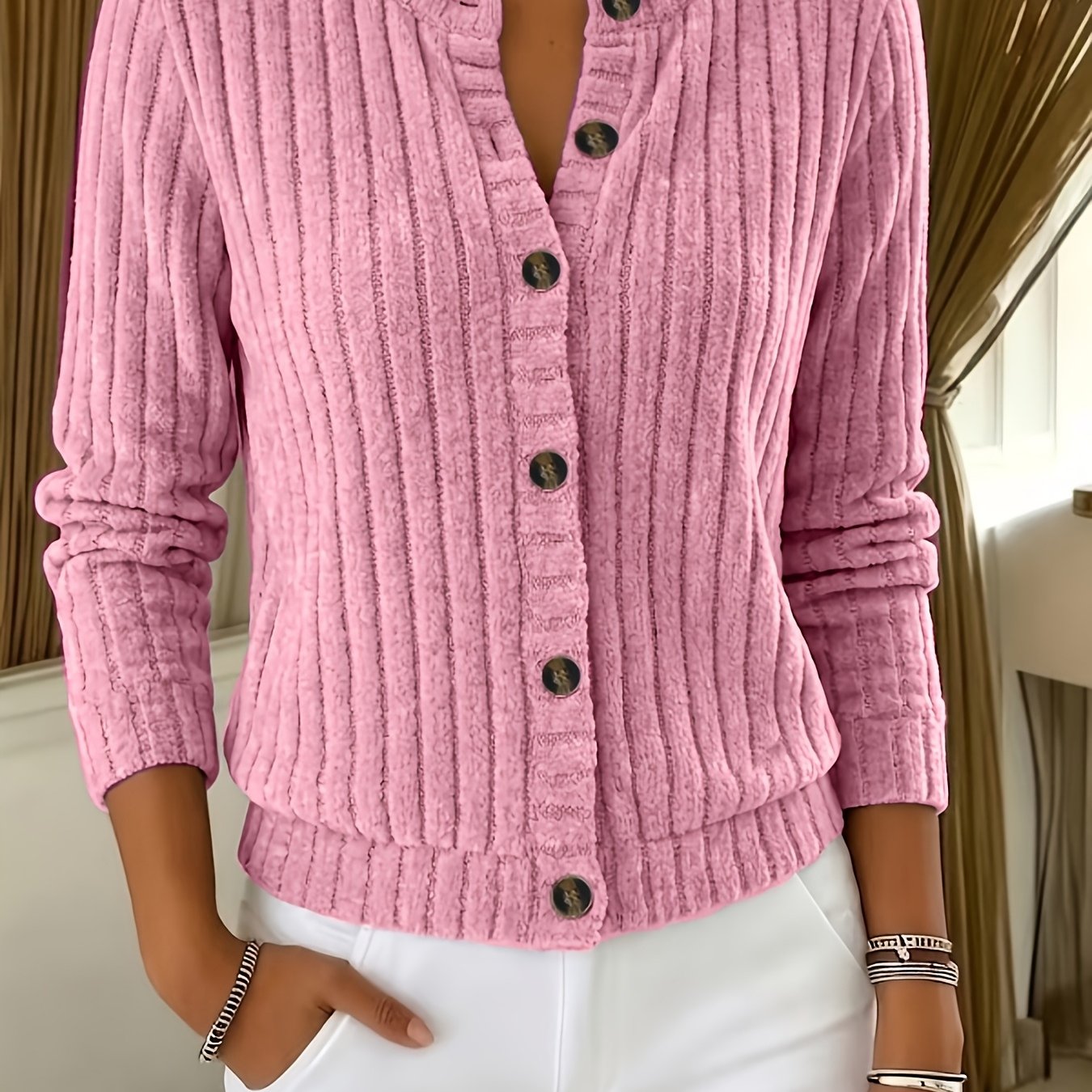 TEMU Elegant Jacket-style Ribbed Cable- Top For Women, A New Lightweight Autumn Style. Button-up Cardigan Sweater, Suitable For Commuting, Wear,