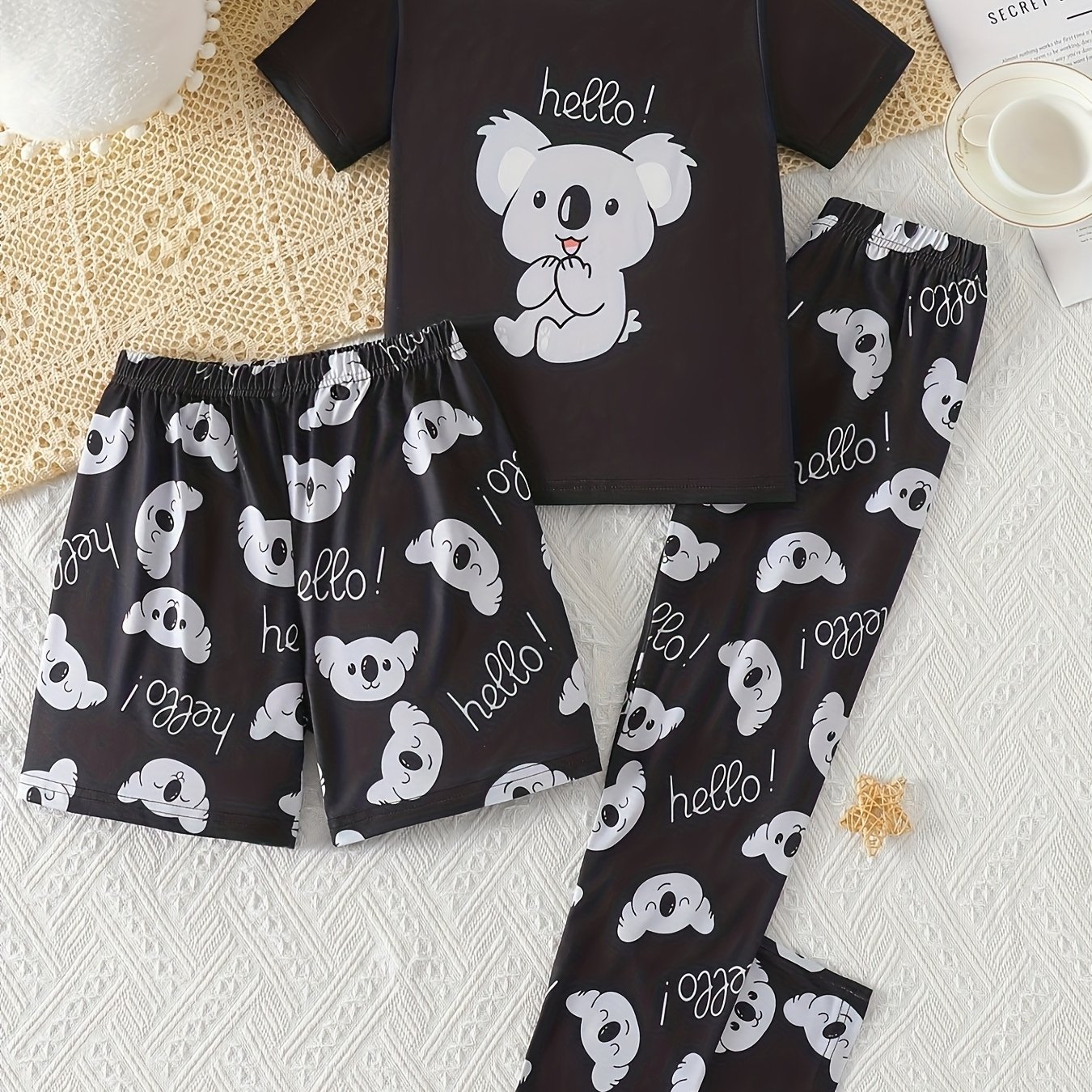 Image of (flame Retardant Material) Girls' Cute Mouse Print 3pcs Set Round Neck Elastic Fabric, Suitable For Spring, Summer And Autumn Regular Fit Pajamas Three-piece Set