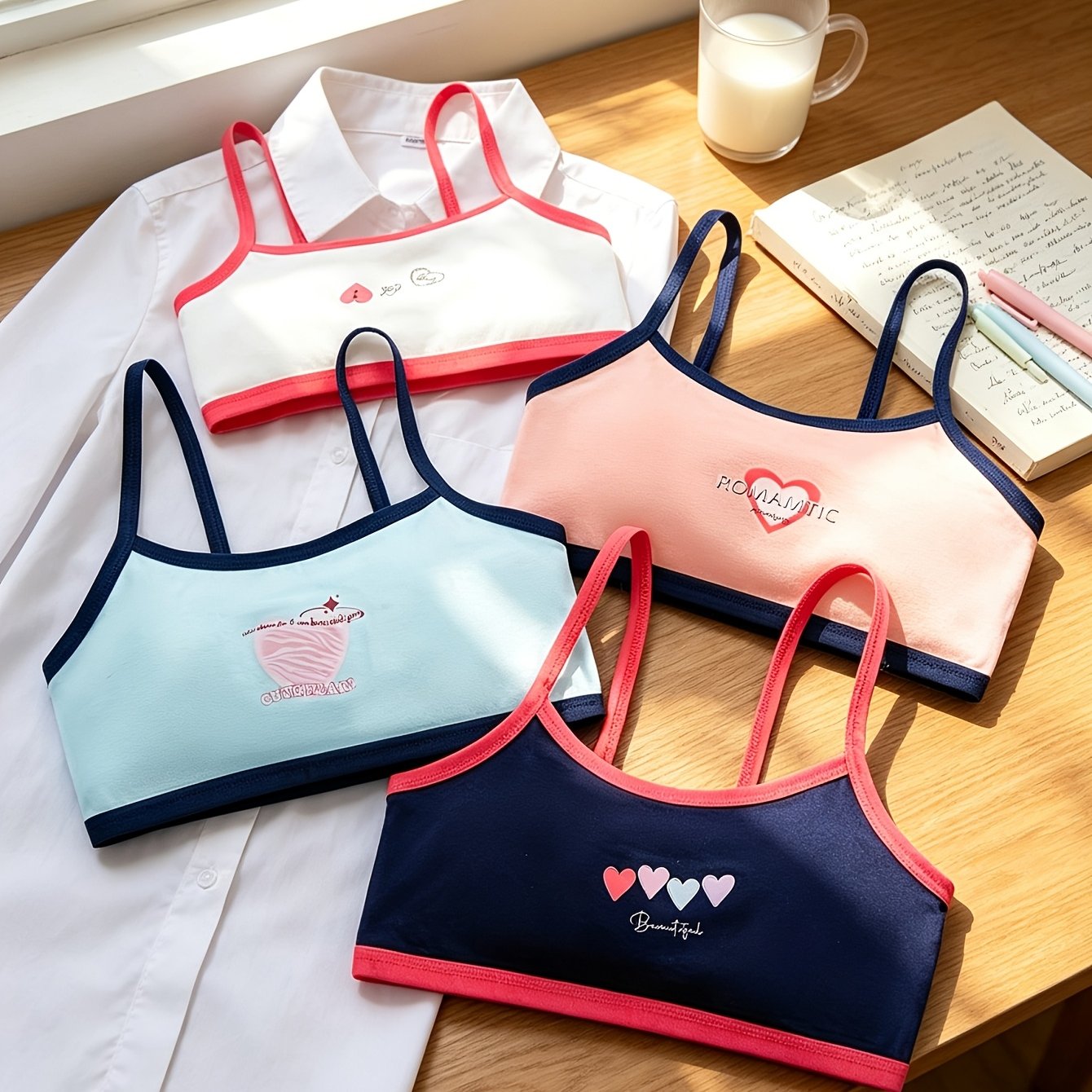 4pcs Girls' Underwear, Comfortable And Heart Print Contrast Strap Tank Top