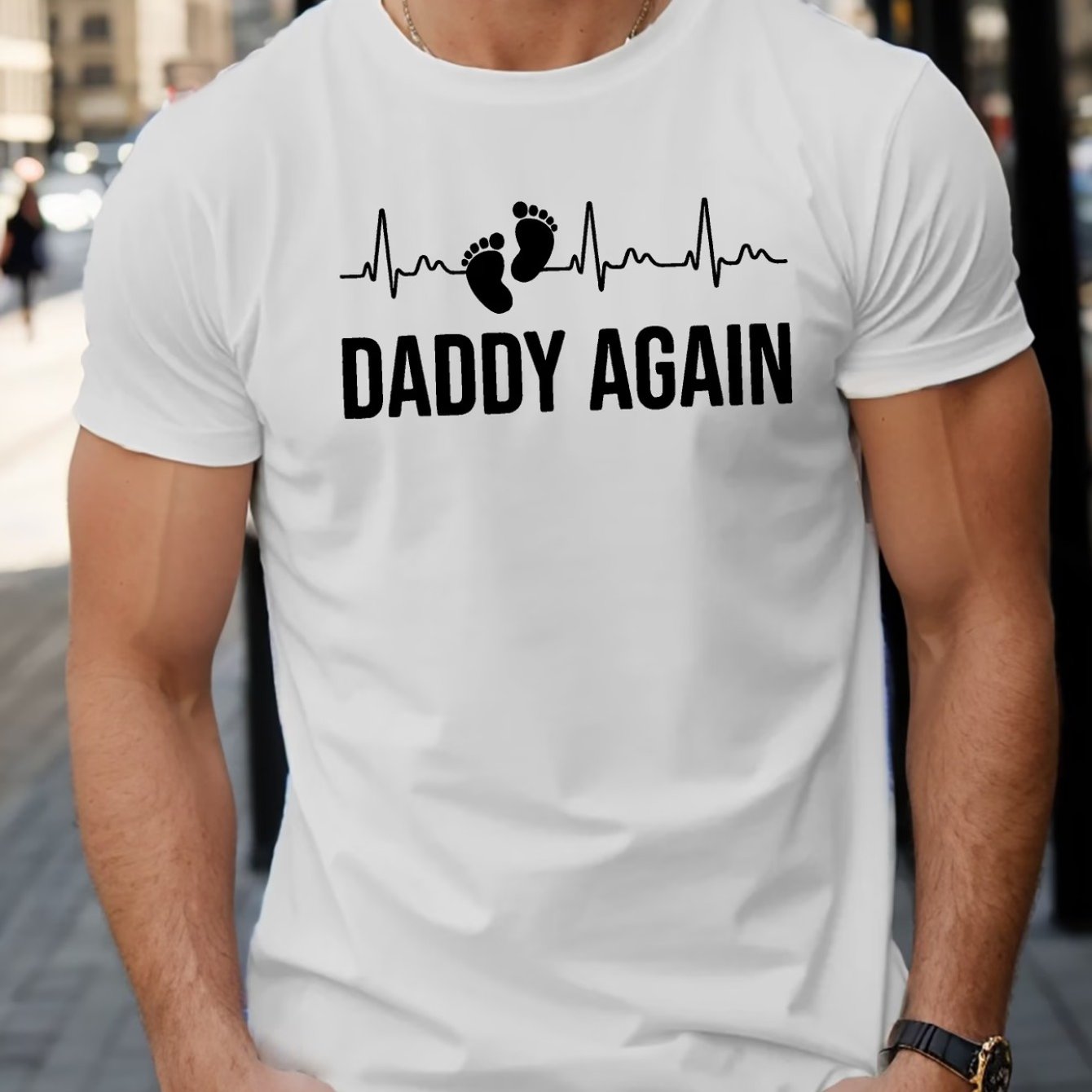 TEMU 's Warm Second Dad Ecg Footprint Slogan Print Crew Neck T-shirt Men's Casual Commuting Slimming Versatile Short Sleeve Top