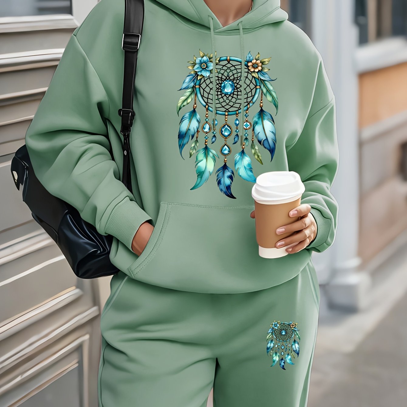 TEMU Plus Size Print Hoodie Sweatshirt Set, Loose Casual Fashionable Sportswear, 2025 Fall & Winter New 2pcs Set, Women's Clothing