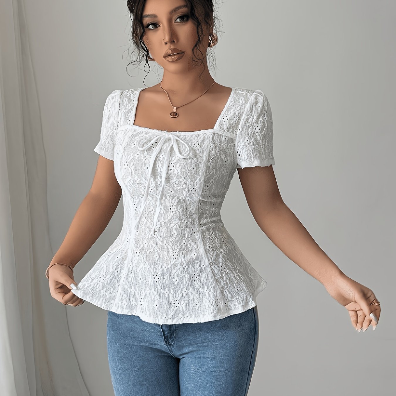TEMU Women's Elegant Low Square Neck Semi-sheer H-line T-shirt - Lightweight Breathable Short Sleeve Blouse Suitable For Warm Weather, Machine