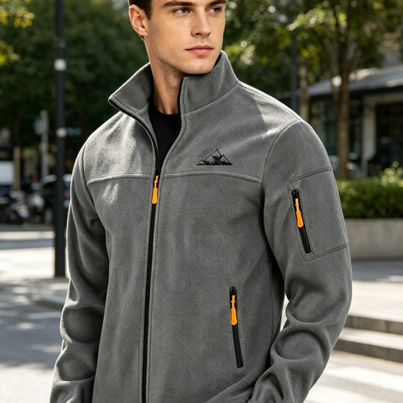 TEMU Outdoor Men's Fleece Jacket Collar Windproof Full Zip Mountain Print Design, Zipper Pockets For Hiking Camping Cold Warm Jacket Men's Collar