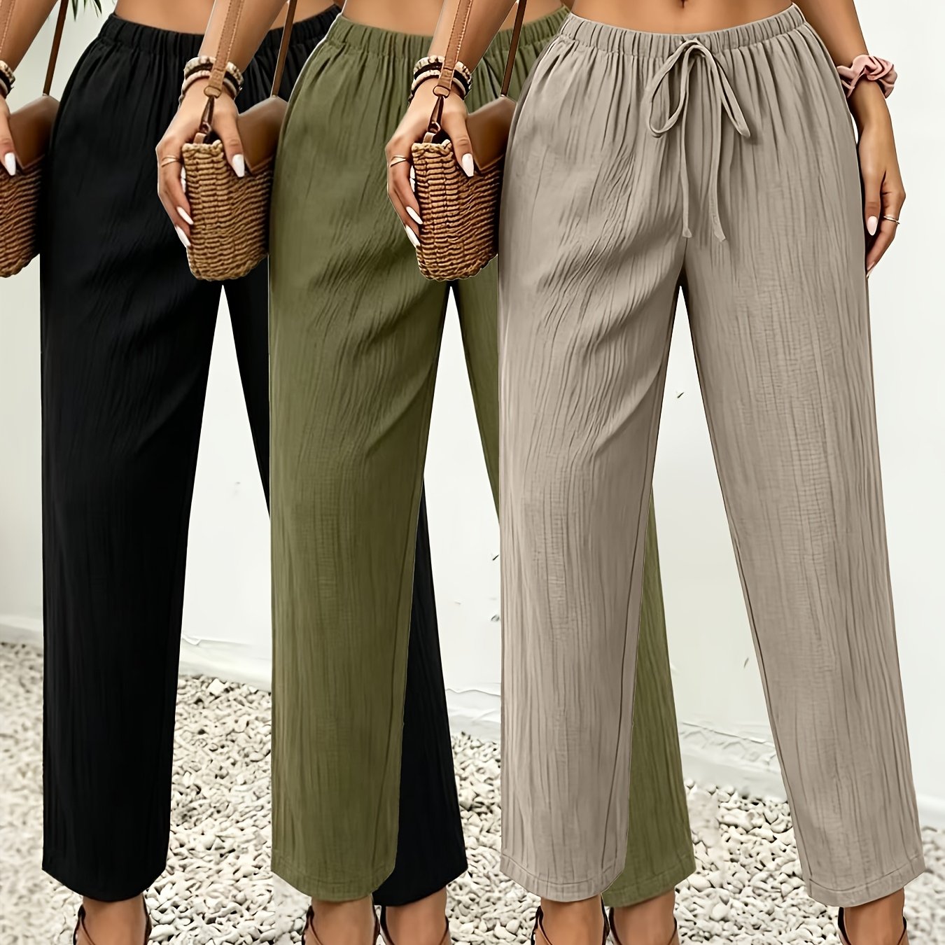 TEMU Conjunto de 3 piezas: Pantalones de puntas con cintura elástica cómoda, estilo casual y moderno de moda europea y americana para vacaciones