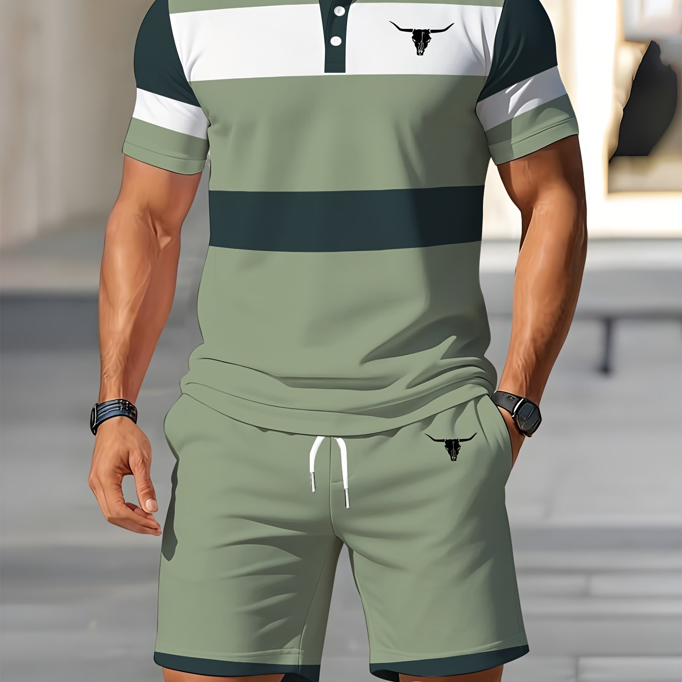 TEMU Men's Striped Shirt And Shorts Set, Perfect For Daily Wear And Casual Sports. In 3 Refreshing Color Combinations With . Features An Animal Print