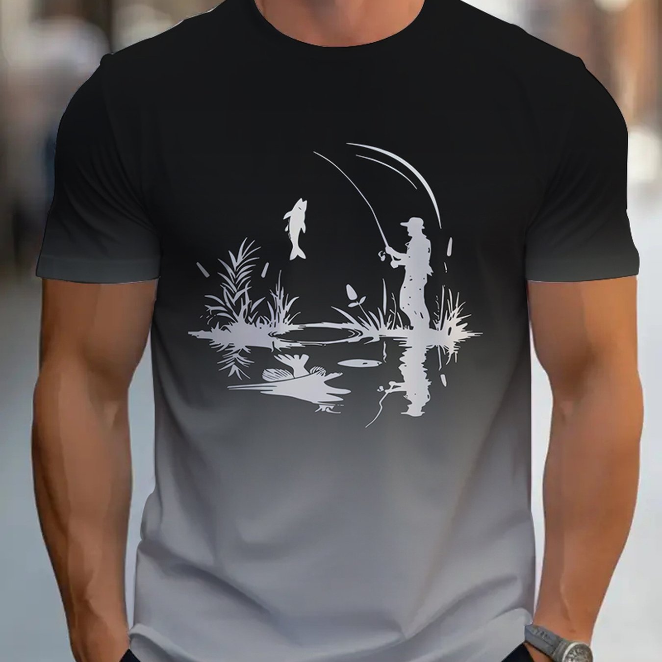 TEMU Men's Fishing-themed T-shirt With Outdoor Fishing Gear Print - Loose Fit Short Sleeve Crew Neck Summer Top, Machine Washable Suitable For Hot