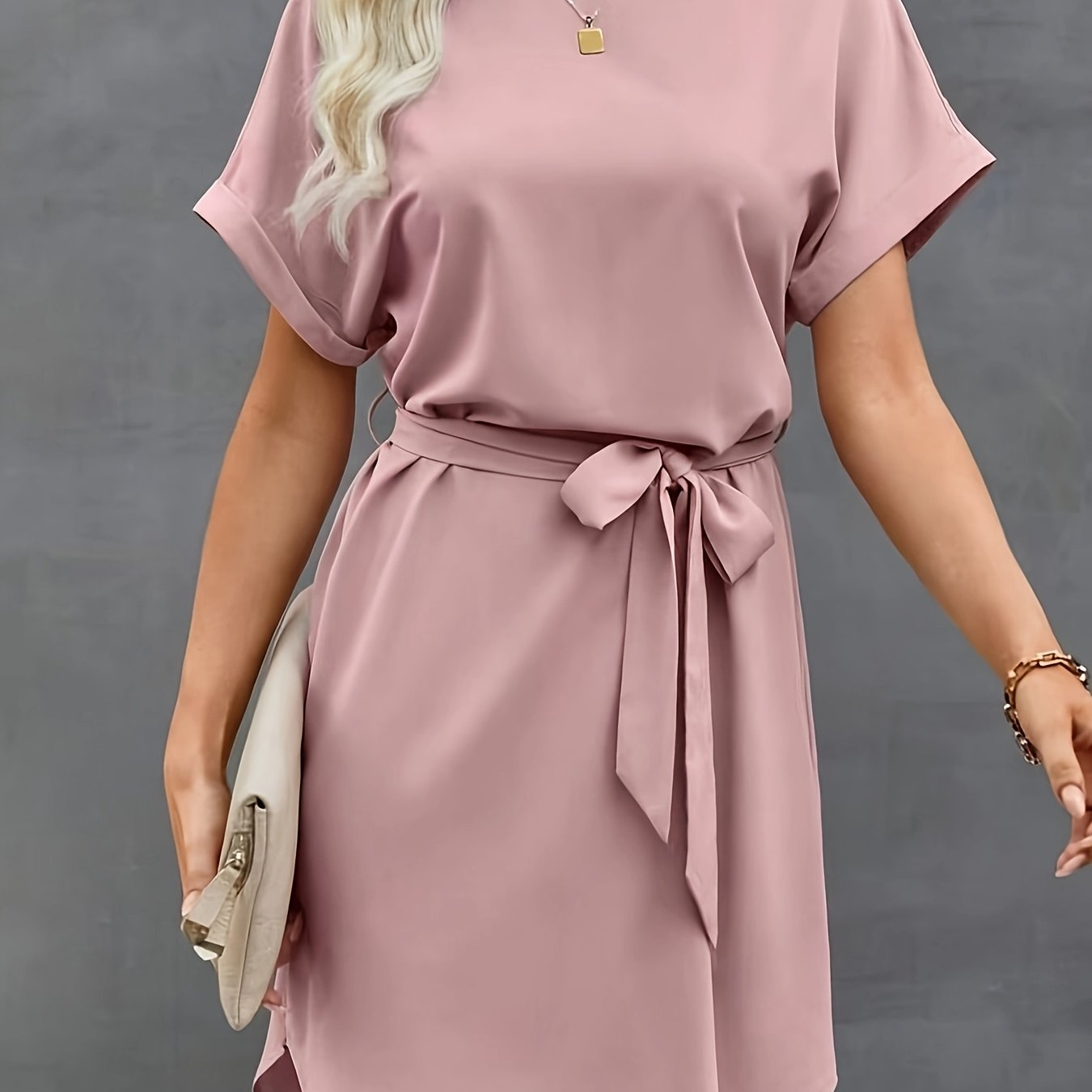Image of Elegant -line Batwing Sleeve Maxi Dress - Solid Color Round Neck Belted Waist Dress, Machine Washable - Dress For Weddings, Parties, Casual Attire - Versatile Maxi Dress For Females
