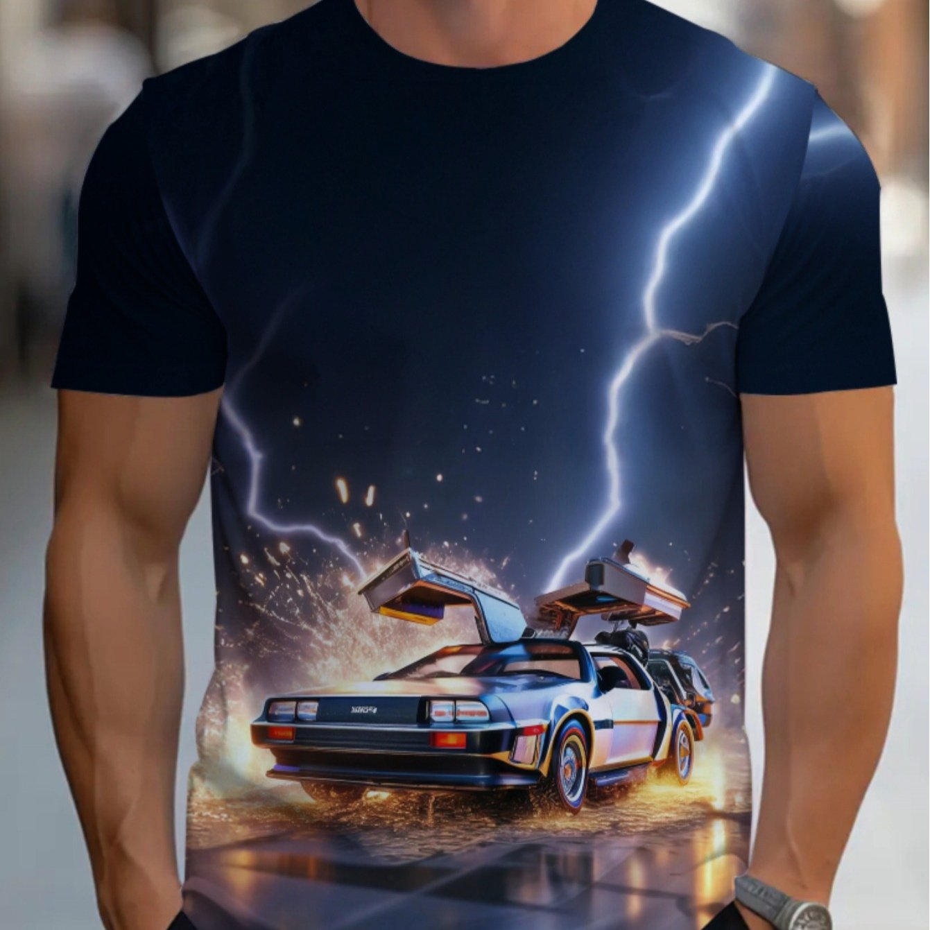 TEMU [print Design-not Textured] Men's Retro Futuristic Racing Round Neck T-shirt - Comfortable Breathable Fabric, Durable Comfortable , Suitable For