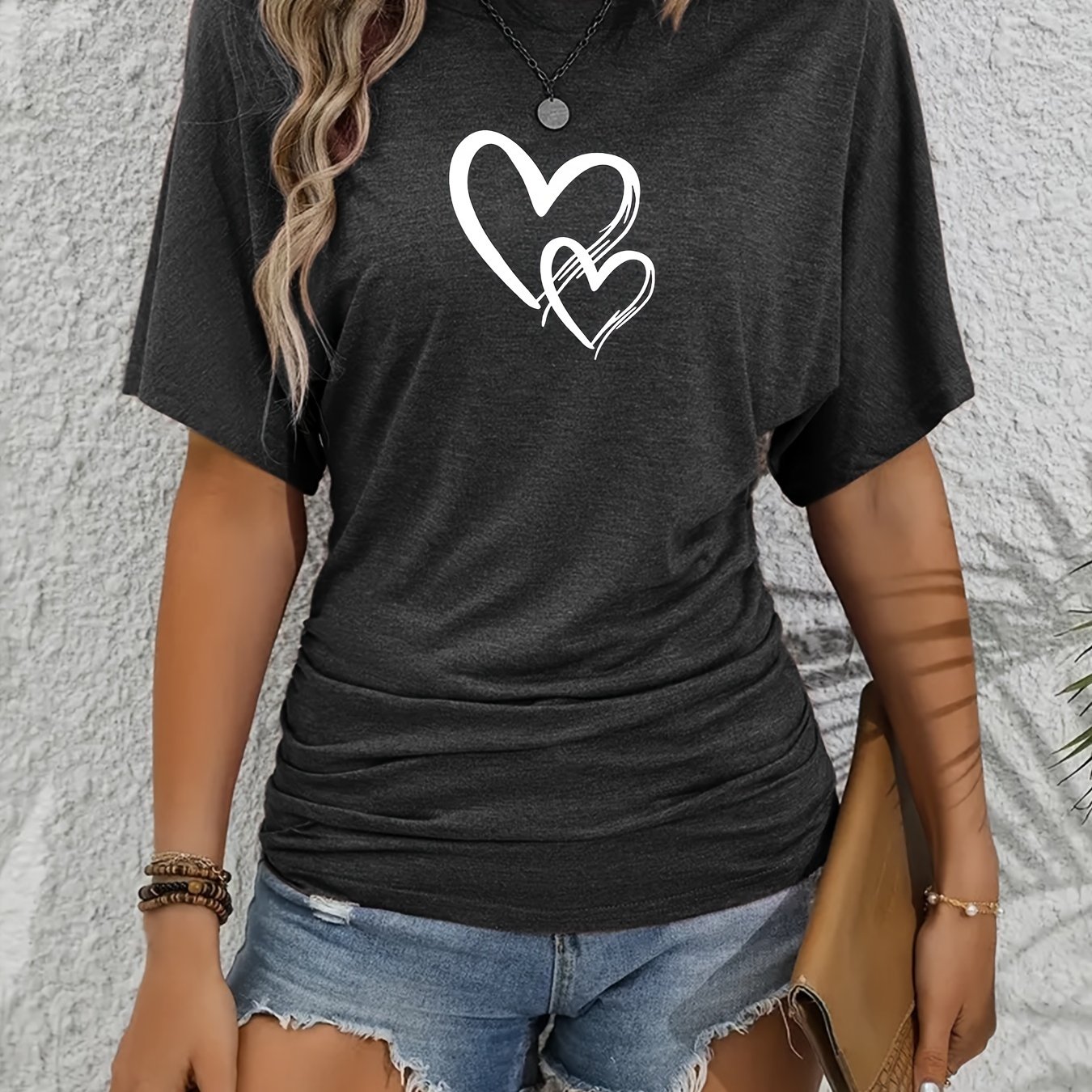 Image of Fashion Print Round Neck Short Sleeve T-shirt Summer Loose Casual Women's Long Top