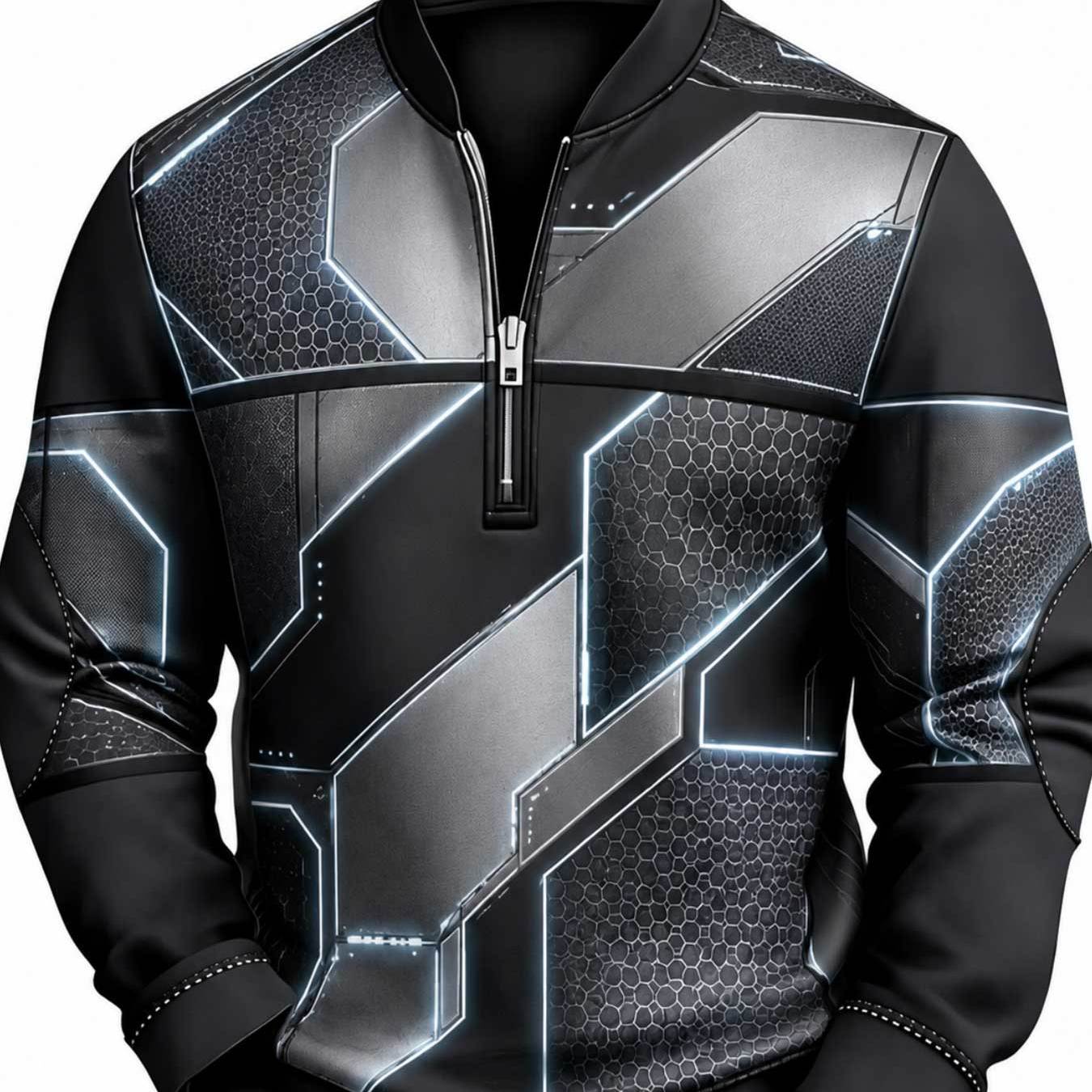 TEMU Men's Round Neck Half Zip Sweatshirt Tech Geometric Pattern Cool Cyber Style Casual Streetwear