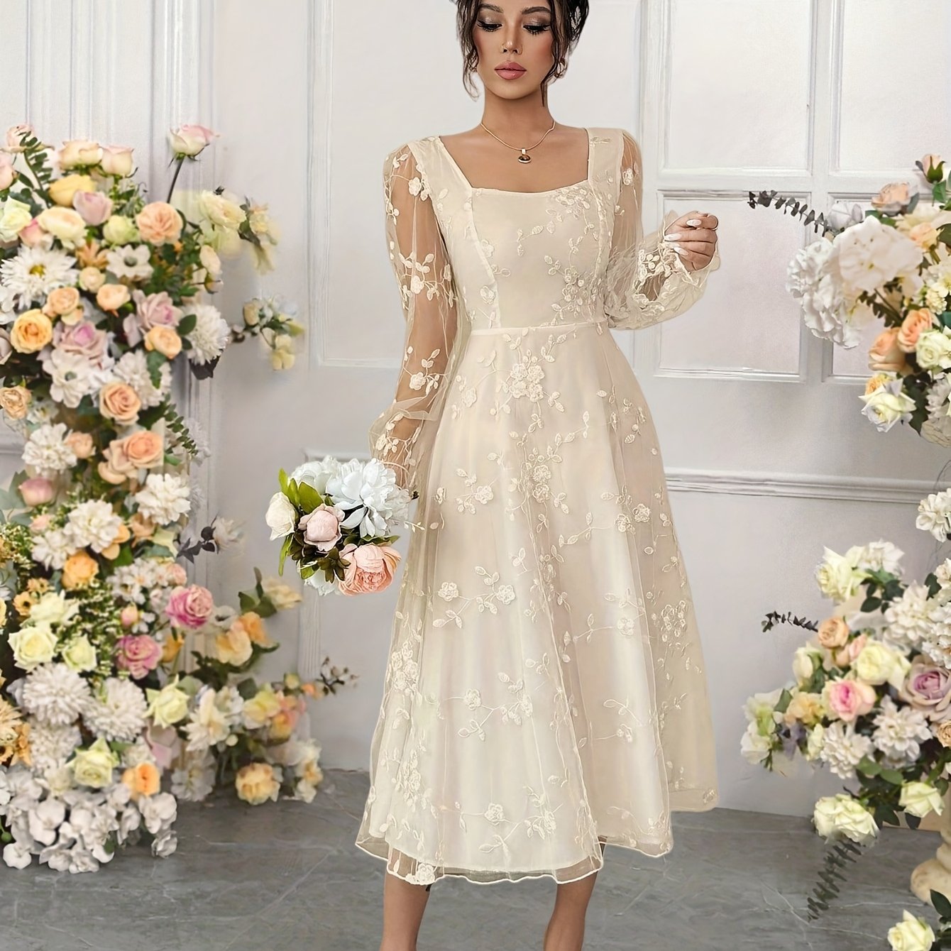 E-shop 7927 Aprikosenfarbenes Mesh Elegantes Partykleid für Damen mit Langen Ärmeln Brautjungfernkleid
