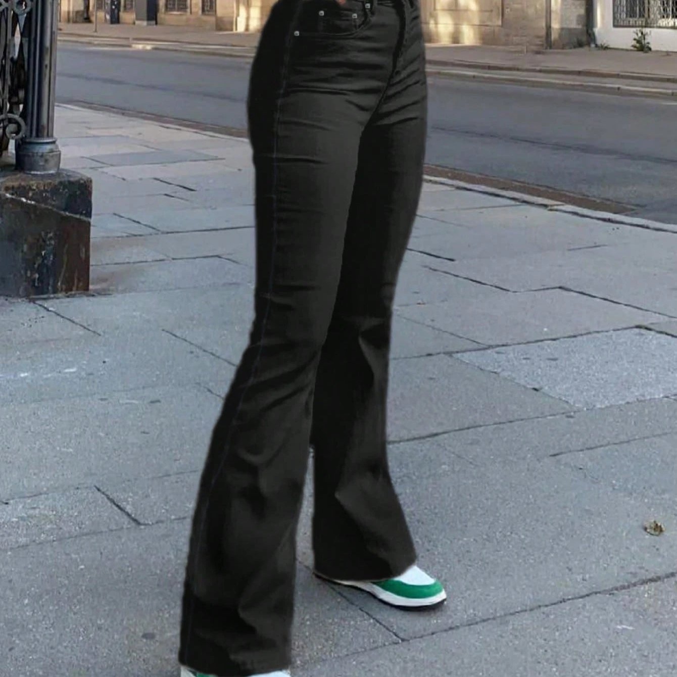 Image of Large Size Women's Flared Leg Jeans | Boot Shaped Elastic High Pants With Pockets, Solid Color, Medium Stretch Fabric, Vintage Style