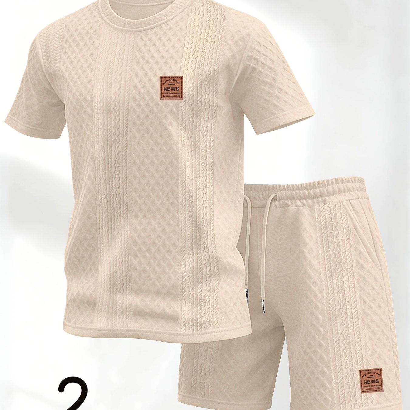 TEMU Men's New Textured Fabric Crew Neck T-shirt + Drawstring Shorts Set