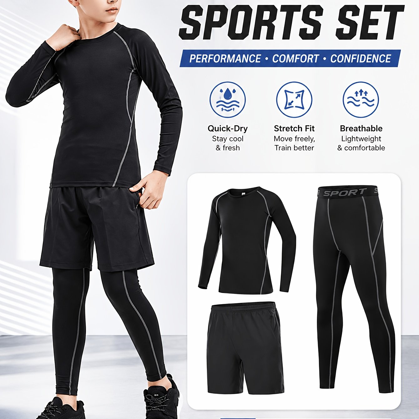 Image of Spring And Summer Thin 3pcs Set Long Sleeve Long Pants Shorts Boys Sportswear Set, Boys Training Set, Boys Casual Sportswear Set, Boys Moisture-wicking Sportswear Set, For Outdoor