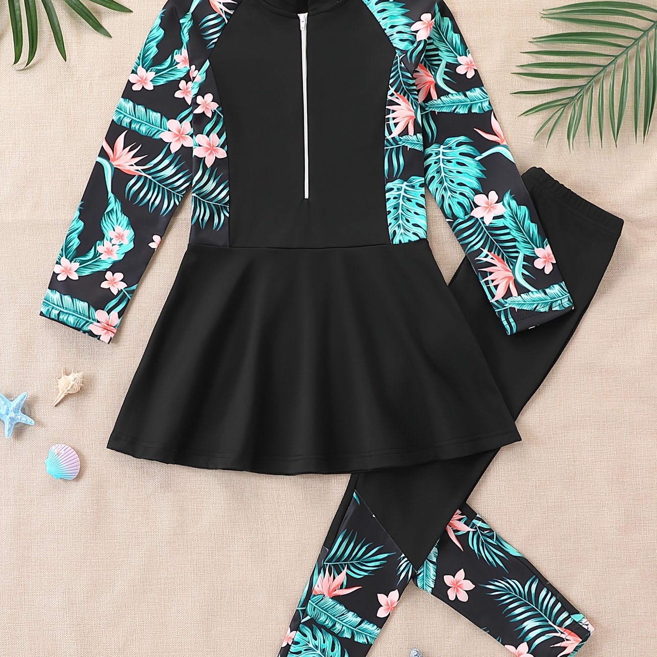 Image of Girls' Long Sleeve Long Pants Zipper Swimsuit Bikini 2pcs Set, Older Children Ages 8-12, Beach Swimming, Split, Quick-dry Fabric, Summer New Style Surfing Diving Swimwear