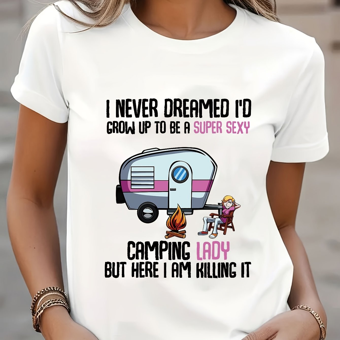TEMU Women's Fashion Printed T-shirt, Casual Round Neck Short Sleeve, Breathable, Machine Washable, Suitable For Camping Enthusiasts