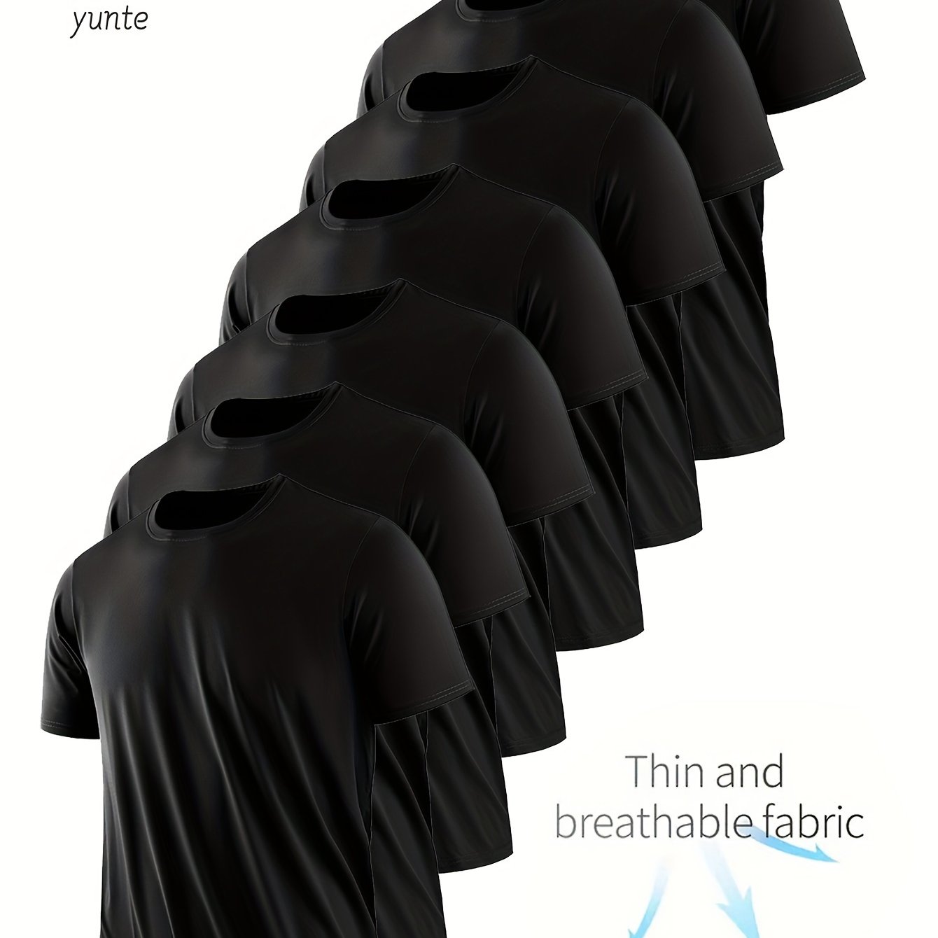 7pcs Yunte Men'-light Black Round Neck T-shirts - Quick-dry, Breathable, Sweat-wicking Fabric, Perfect For Gym, Running & Fitness, Polyester, Spring/summer/autumn, Gym Shirts