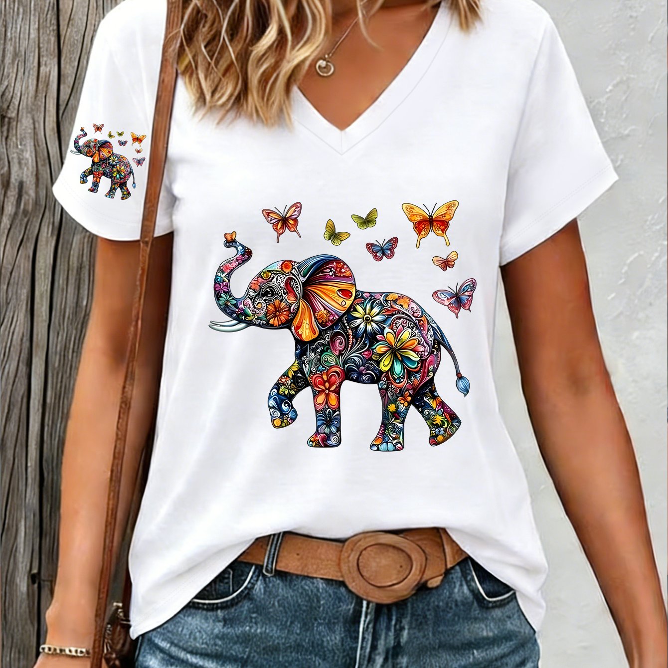 TEMU 1pc Bohemian Style Floral Elephant And Print New Y2k Style Single-sleeve Printed Women's Sportswear, Summer Comfortable And Breathable V-neck