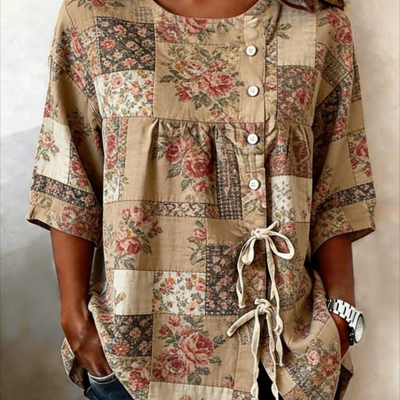 Image of Plus Size, New Arrival Women Vintage Distressed Floral Full Print Button Drawstring 3 Quarter Sleeve Top Outdoor Street Fashion Versatile Blouse