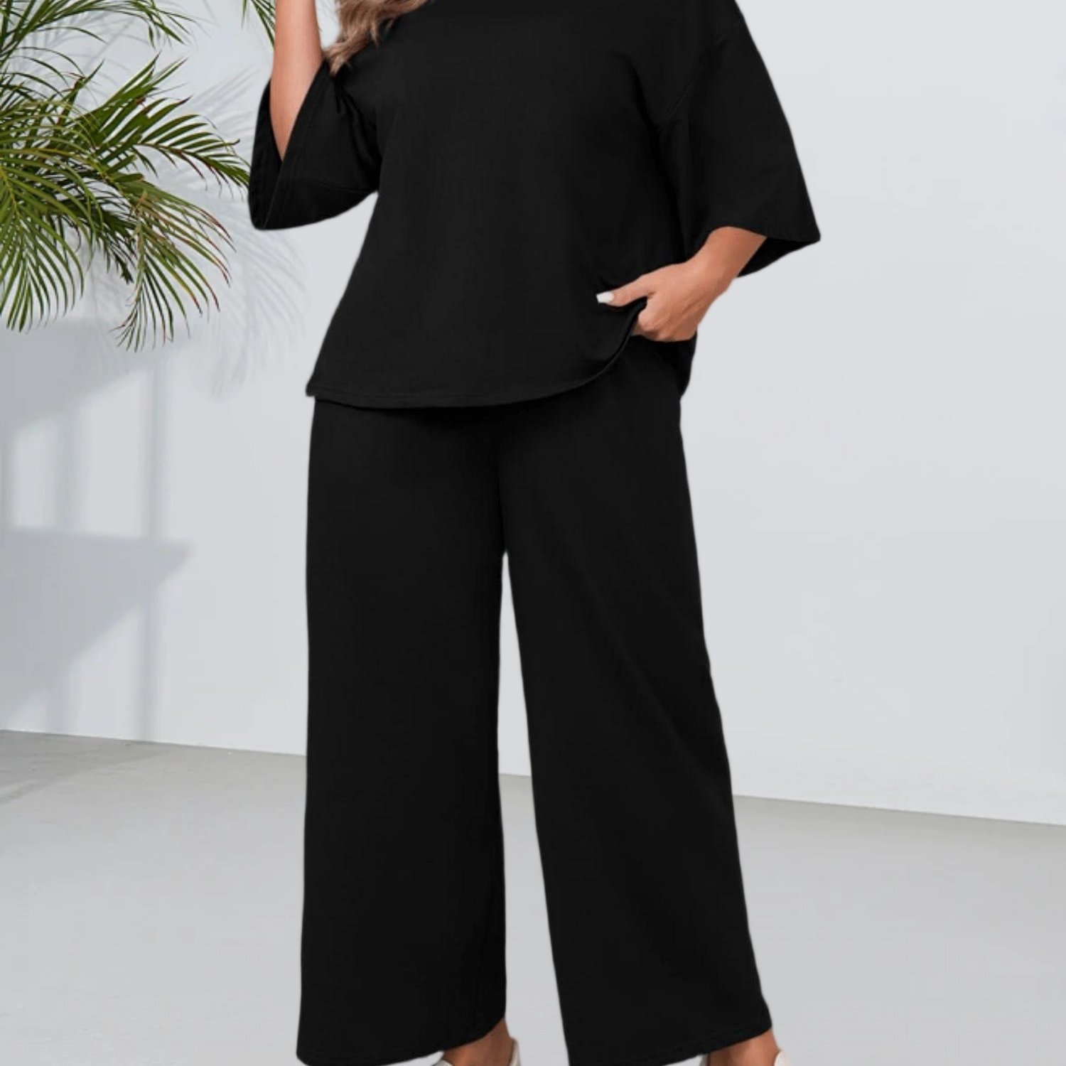 Women's Plus Size 3/4 Sleeve Tops & Wide Leg Pants 2pcs Loungewear Pajamas Sets