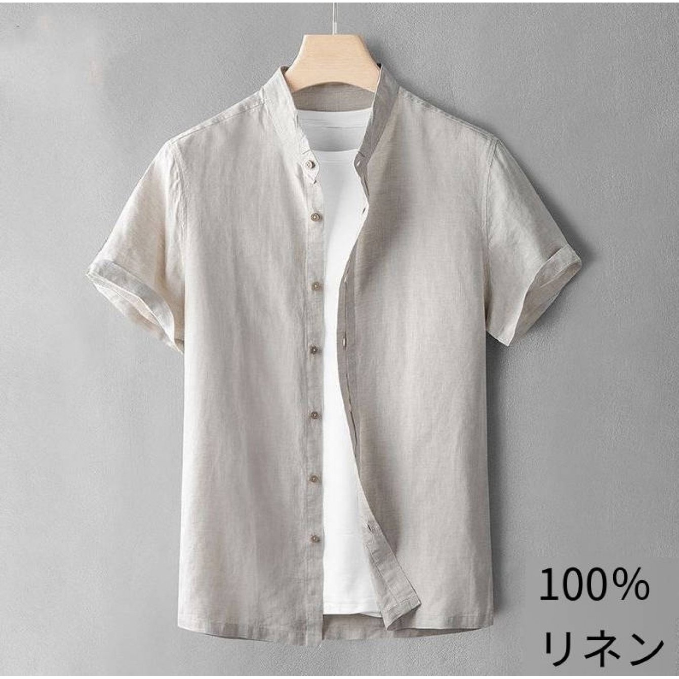 TEMU メンズ和風リネンシャツ - 通気性 スタンドカラー - 前開き半袖 - カジュアルな夏服に適応 ルーズフィットで万能 - トップス（洗濯機洗い可 無地）