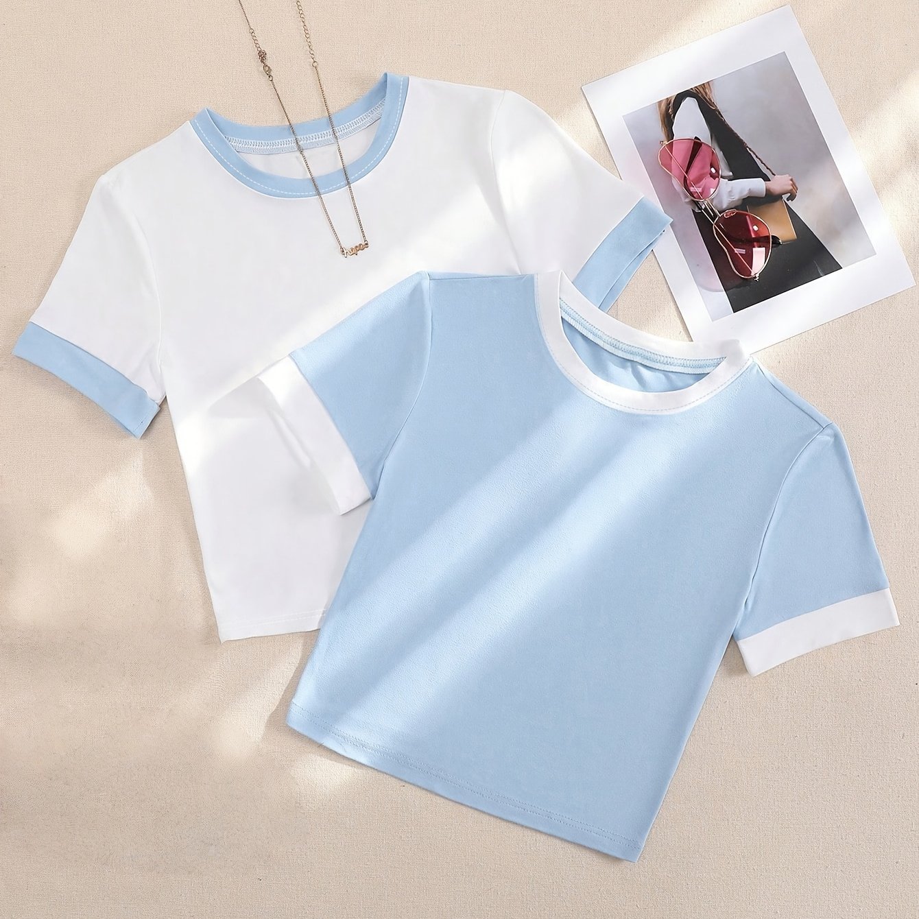 TEMU European And American Spring, Summer, Autumn Solid Color Casual Round Neck T-shirt Two-piece Set