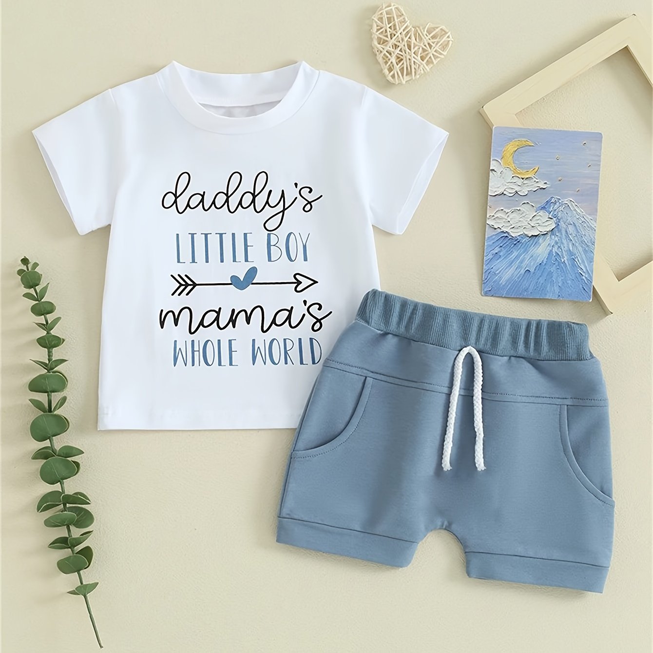 Image of Solid Color Letter Print Short-sleeve And Shorts Set For Infants And Toddlers, Perfect For Casual Sports, For Outdoor