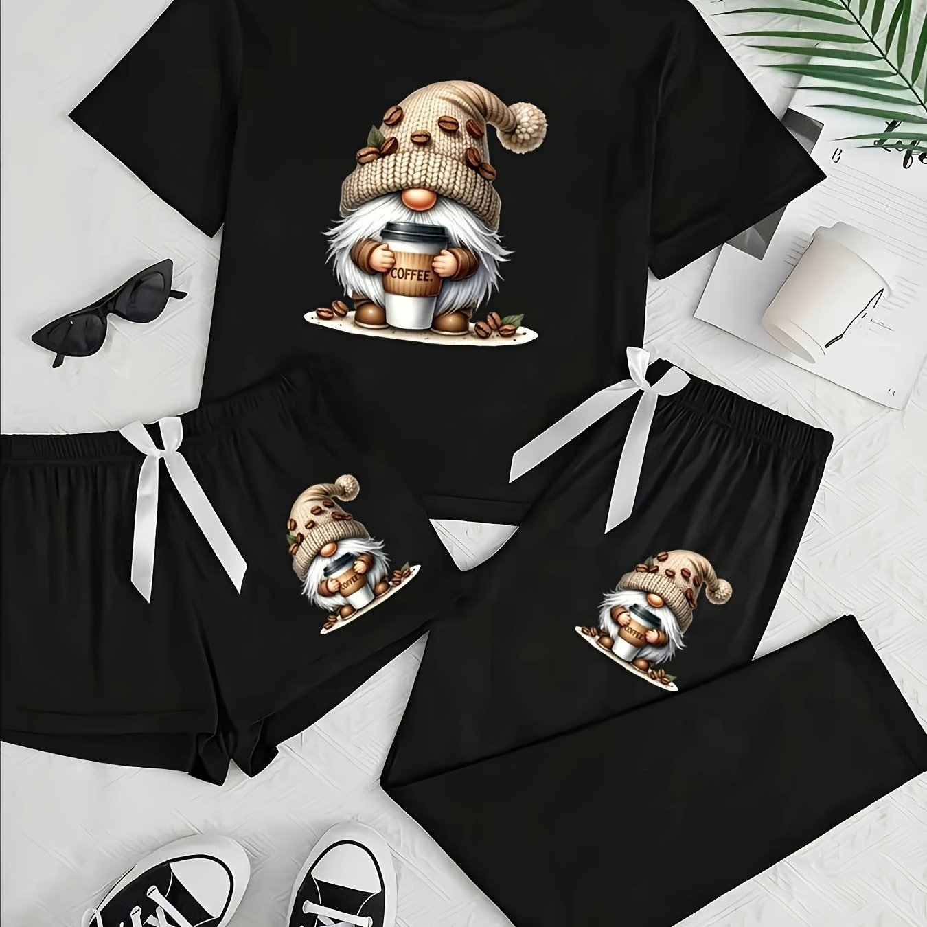 Image of Women's 3pcs Pajama Set With Cute Coffee Gnome Print - Fun Cartoon Design Round Neck Pullover, Long Pants And Shorts, Breathable And Comfortable