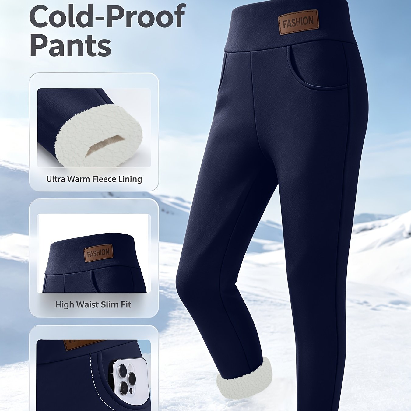 TEMU Women's High Waist Lined Cold Proof Slim Fit Pants With Side Pockets For Winter S Casual Wear