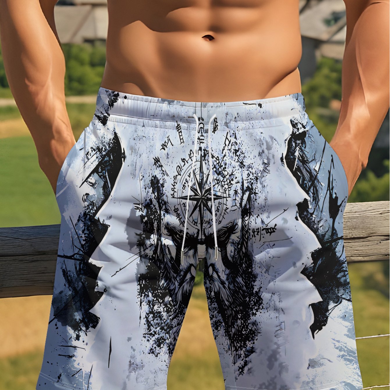 TEMU [print Design - Not Textured] Men's Hawaiian Shorts Black And White Ink Style Portrait With Abstract Lines Surround Drawstring Beach Pants,