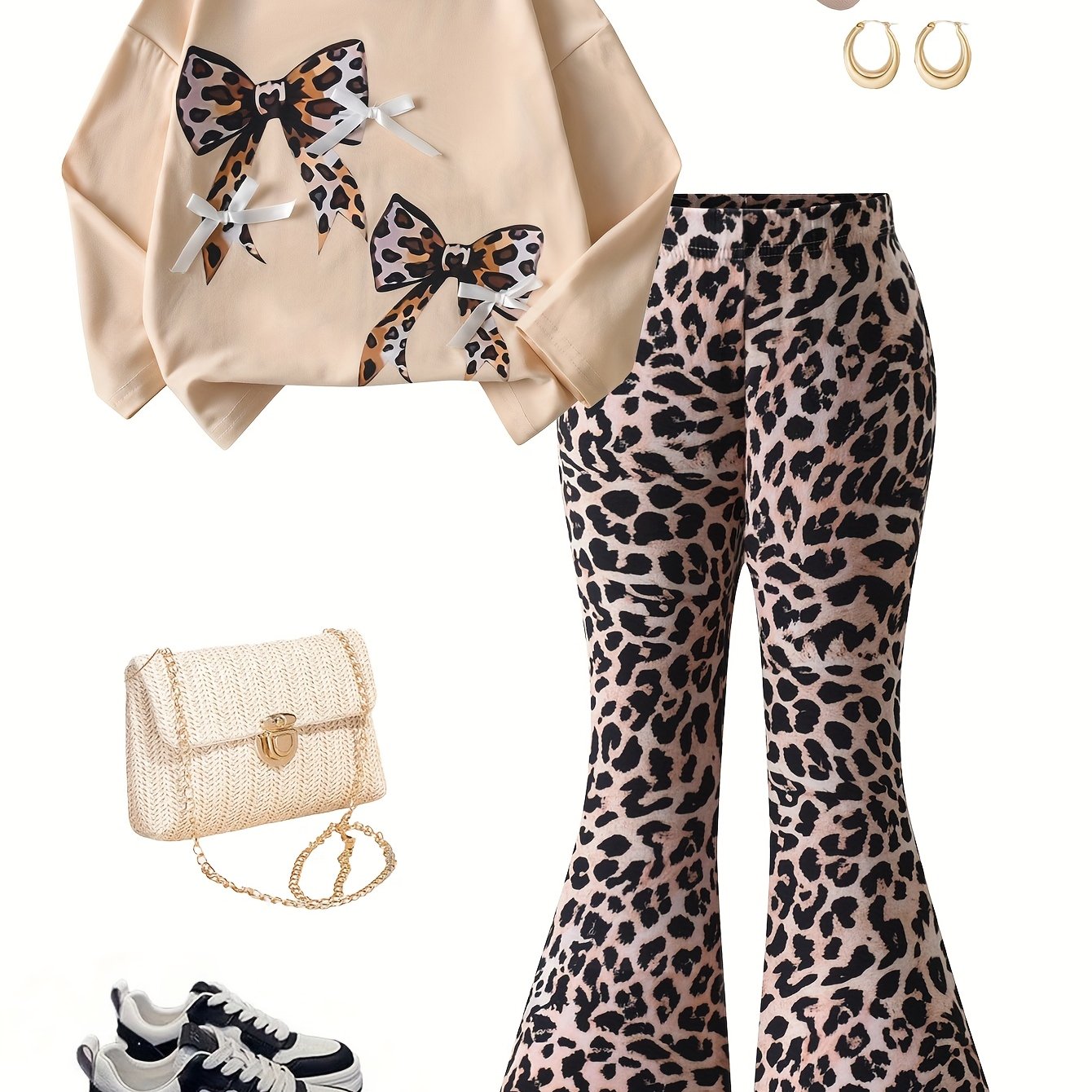 Image of 2pcs Set: Cool Leopard Print Bowknot White 3d Bow Decor Long Sleeve Top And Leopard Pattern Flare Pants Outfit For Girls, Simple Comfortable Spring/autumn Clothing, Perfect For Outdoor