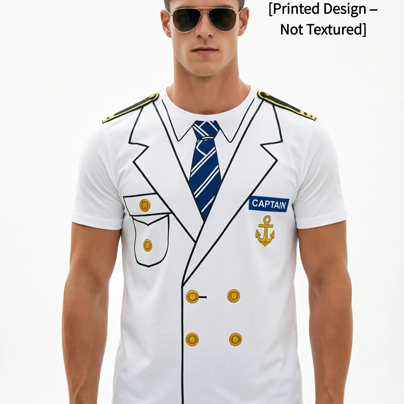 TEMU Printed Design - Not Textured Captain Uniform Print T-shirt - Features A Double-breasted Jacket, Blue And White Striped Tie, , And Pockets, With