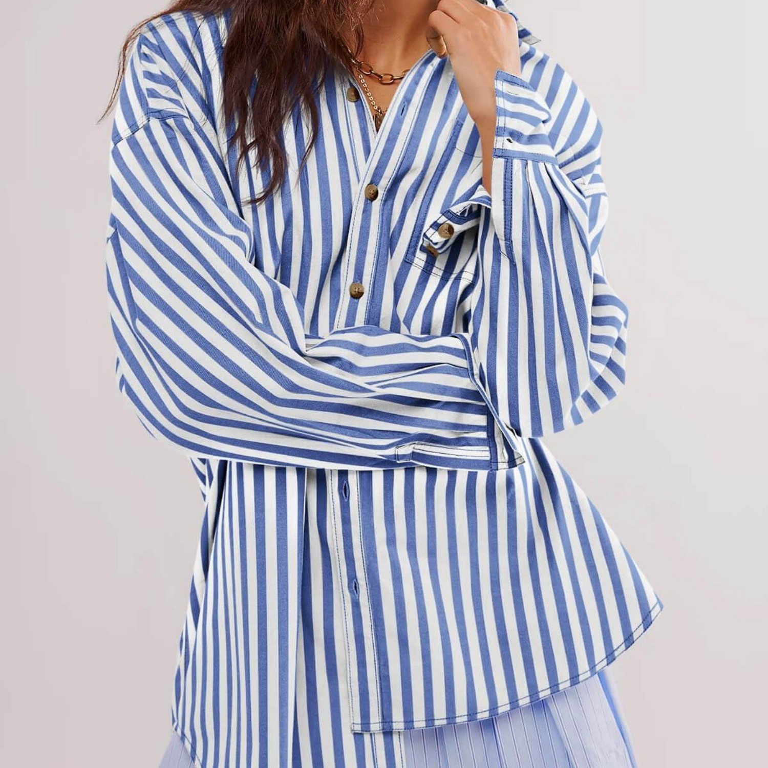 Image of Women's Oversized Striped Button- Shirt - Boyfriend Long Sleeve Collared Blouse, Retro Vertical Stripes (multicolor), Loose & Casual Shirt, Machine Washable Button Front For Wear