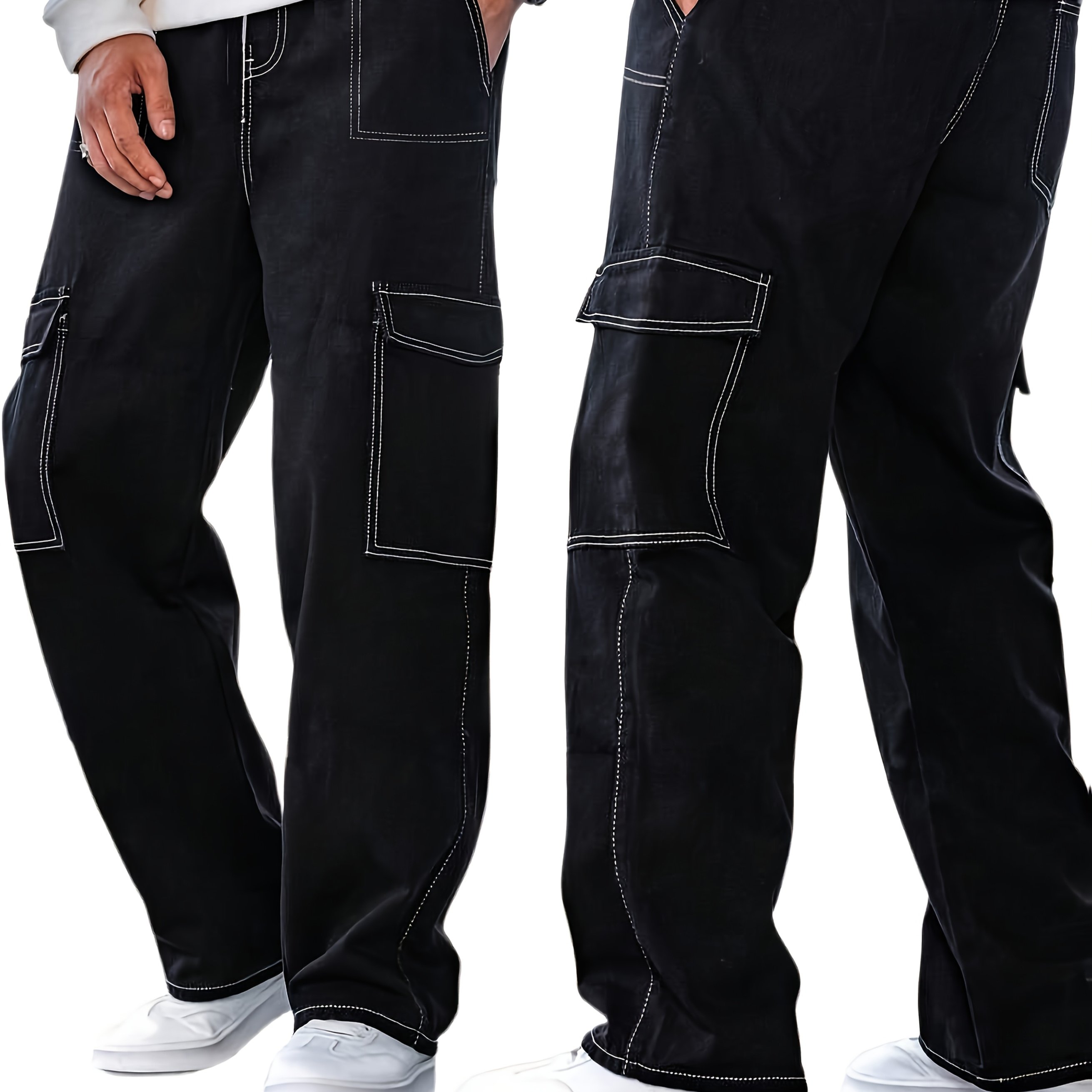 E-shop [Geng Yuan Shi Herrenbekleidung] Leuchtende Fadenkontrast Herren Ganzjahres Multi-Pocket Cargo Hose, Atmungsaktive Bequeme Gerade Beinhose,