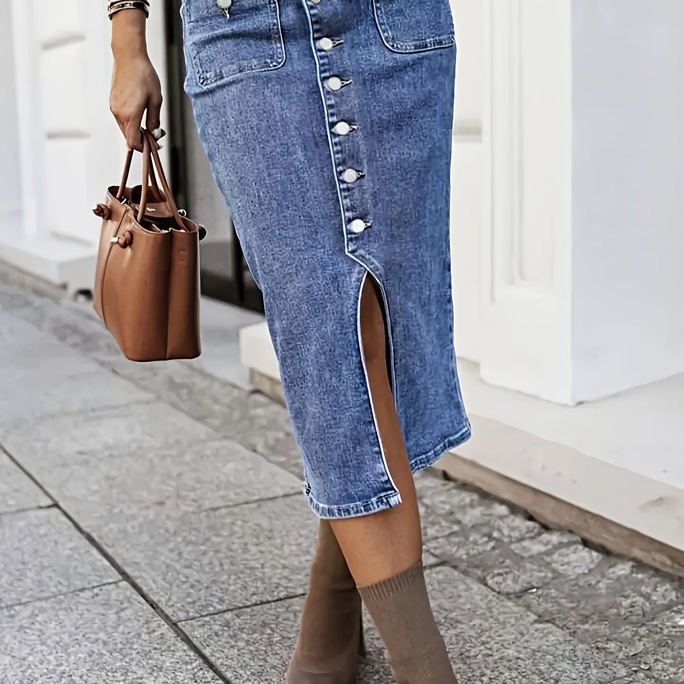 European And Street Style High-waisted Front Button Midi Denim Skirt